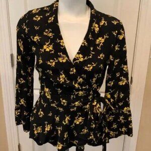 Ganni Black & Yellow Floral Crepe Wrap Top, Size 38 (S)